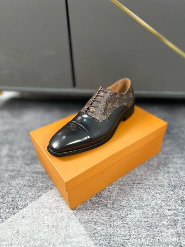2024 Men Louis Vuitton Brown Black Leather Canvas Oxford MJ00380