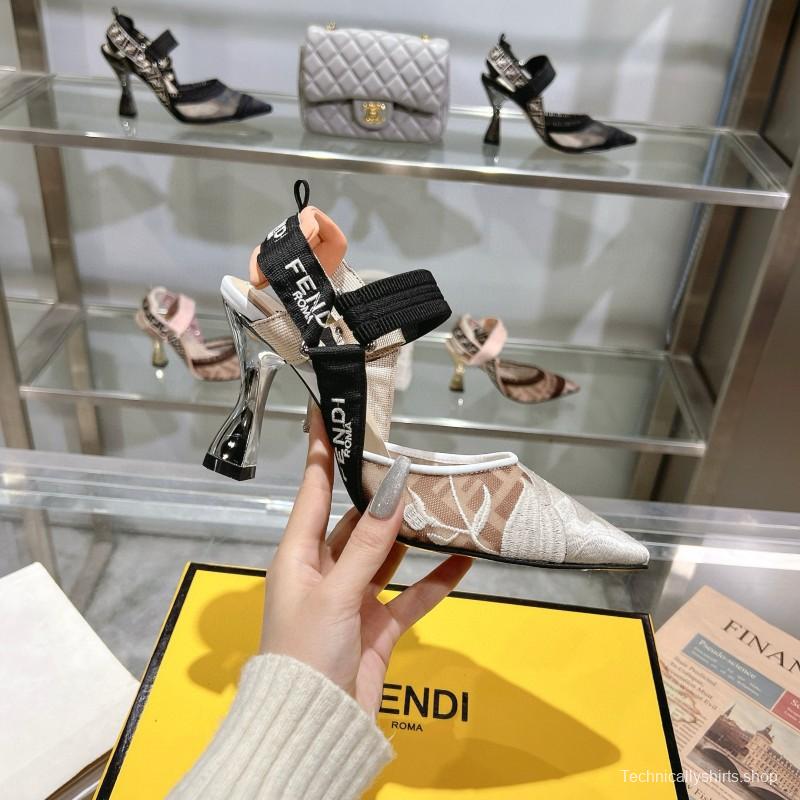 2025 Women Fendi Beige Black Mesh Leather Heels MJ00280