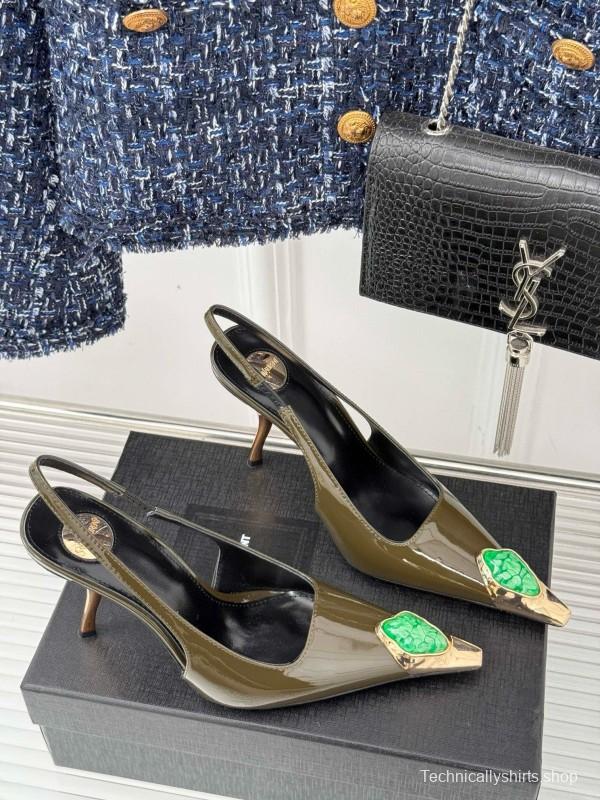 2024 Women Yves Saint Laurent Olive Green Gold Calf Leather Slingback Gemstone High Heels MJ00330