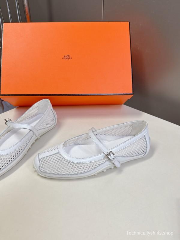 2025 Women Hermès White Leather Mesh Mary Jane KFY00250