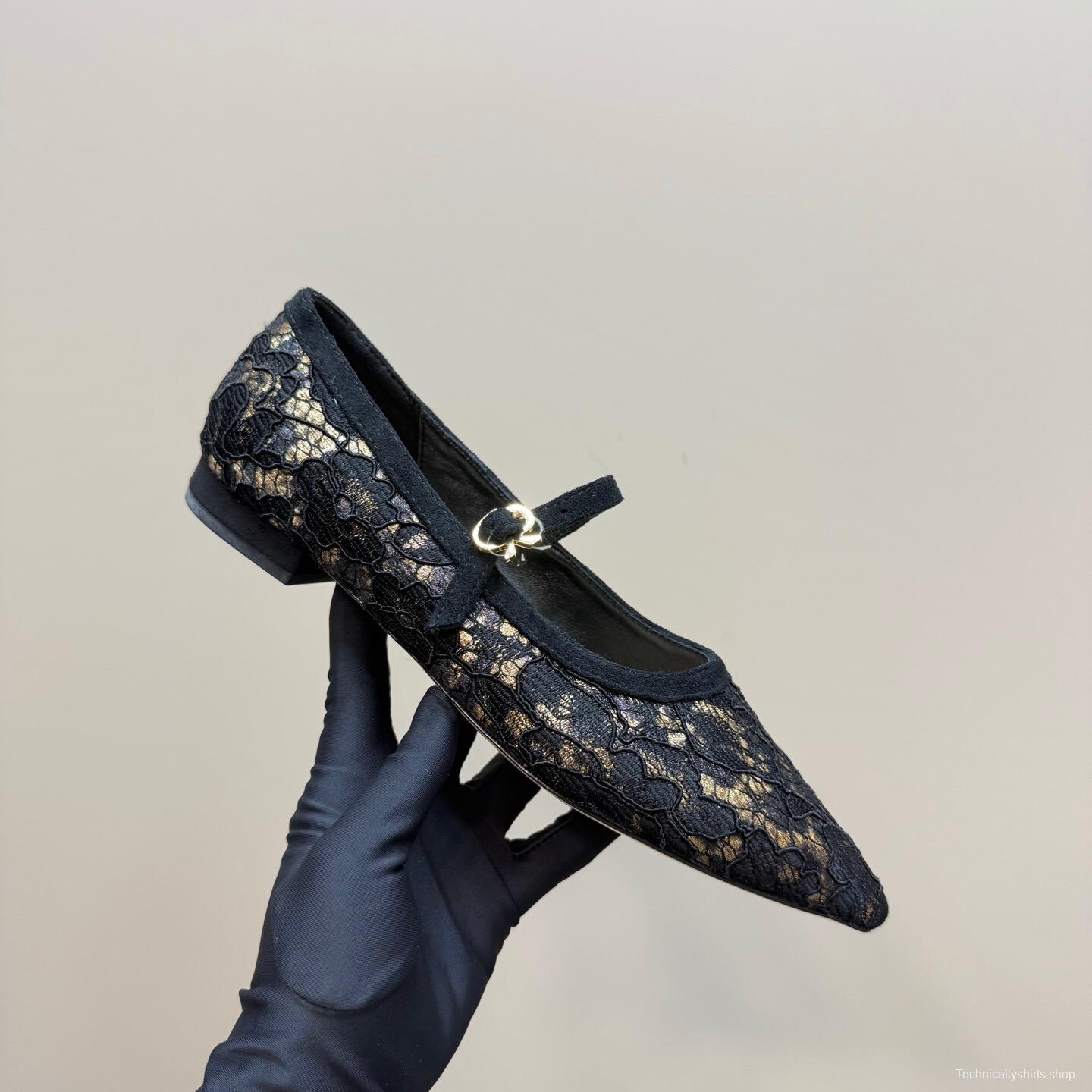 2025 Women Gianvito Rossi Black Lace Leather Mary Jane KFY00260