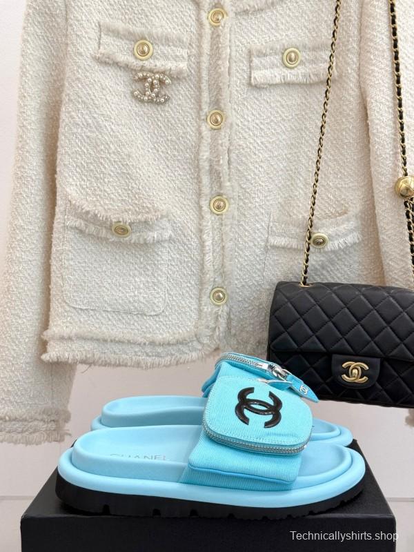 2025 Slippers Chanel Blue Fabric Slippers KFY00220