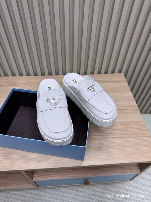 2025 Women Prada White Leather Slippers KFY00280