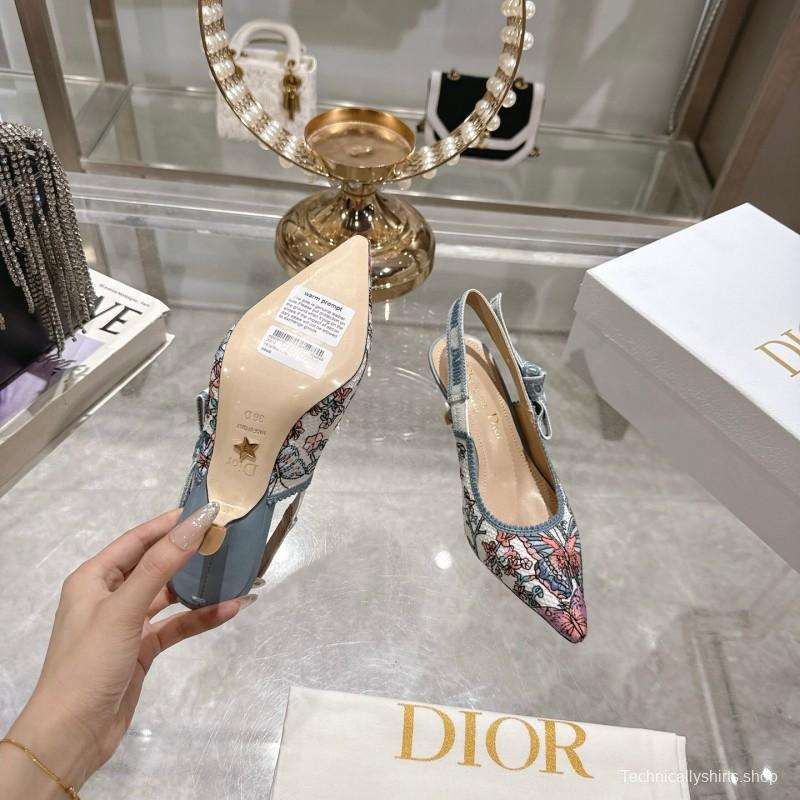2025 Women Dior Blue Pink Embroidered Fabric Slingback Heels