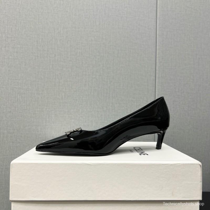 2025 Women Celine Black Patent Leather Pointed Toe Buckle Pumps KFY00290