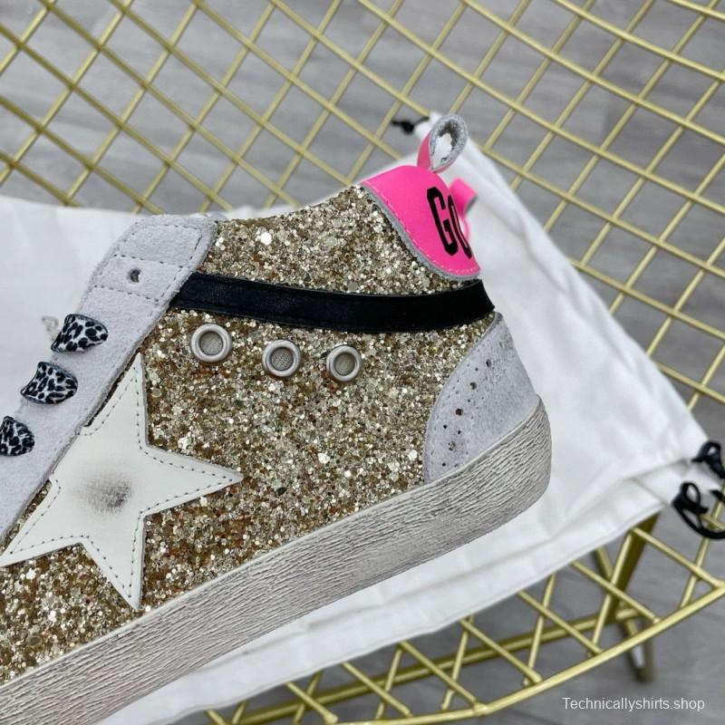 2024 Women GGDB Gold White Leather Glitter High Top Sneakers MJ015AM