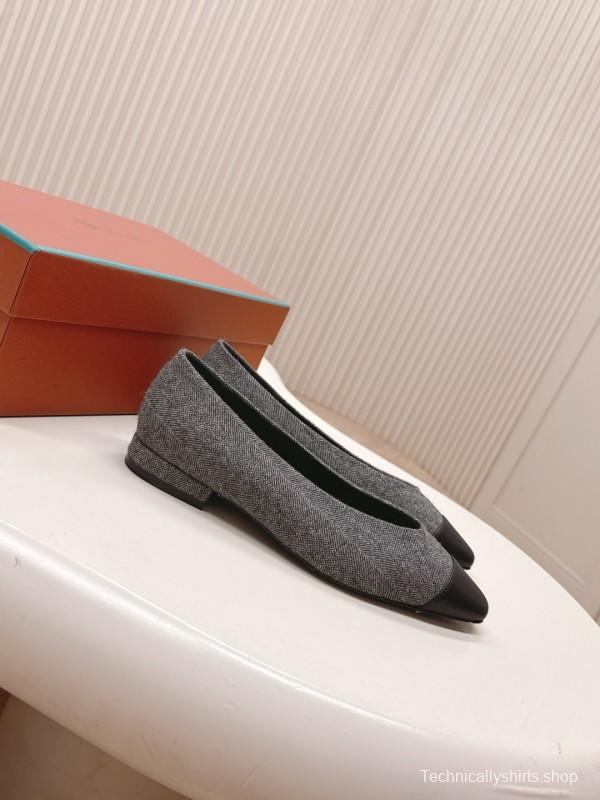 2025 Women LP Grey Black Fabric Leather Pointed Toe Loafers