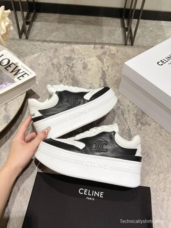 2025 Women Celine Black White Leather Platform Sneakers KFY00330