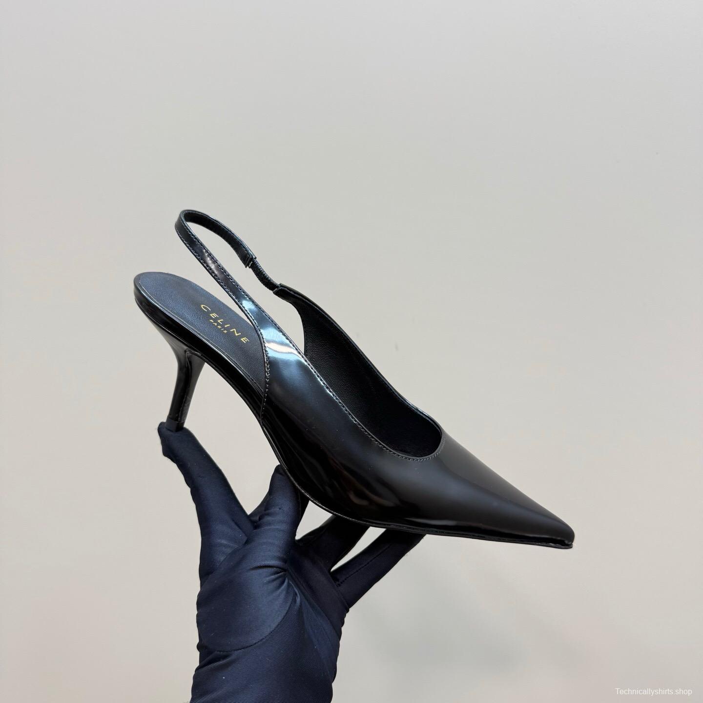 2025 Women CELINE Black Patent Leather Slingback Pumps KFY00310