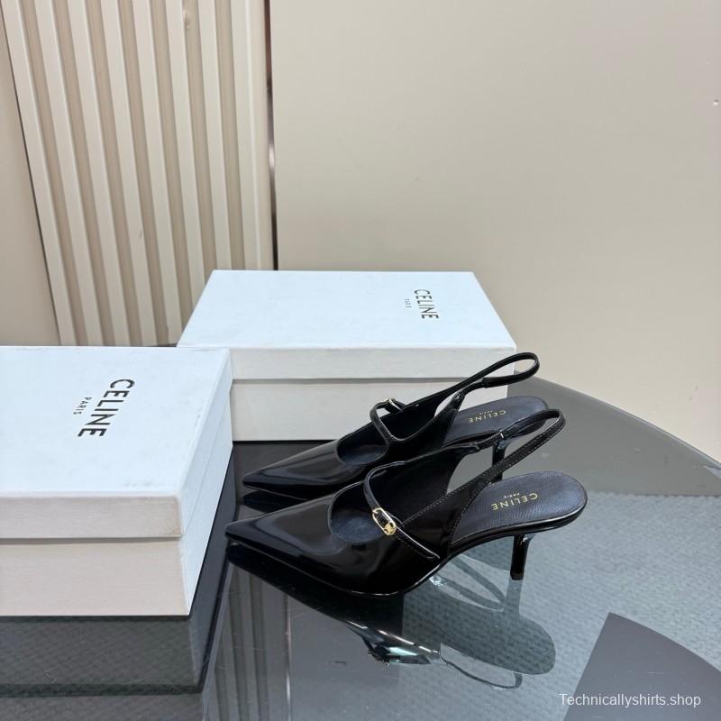 2025 Women Celine Black Patent Leather Slingback Pointed Toe Heels KFY00310
