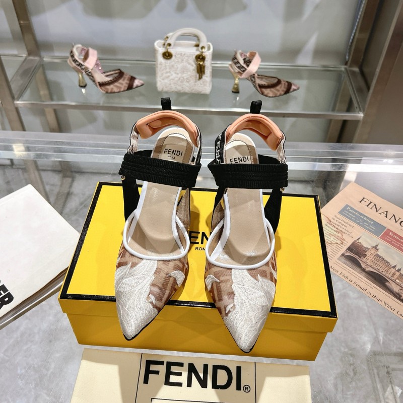 2025 Women Fendi Beige Black Mesh Leather Heels MJ00280