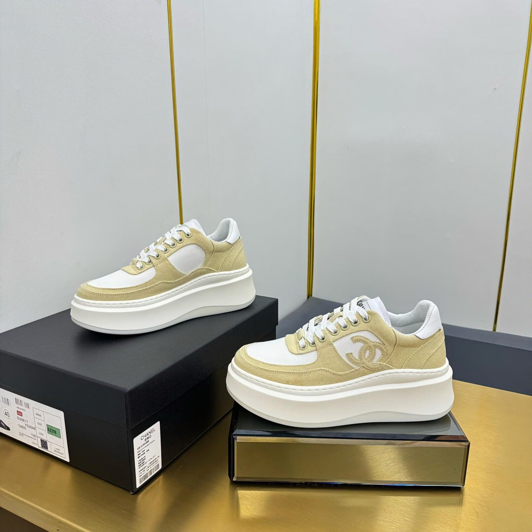 2025 Women Chanel Beige White Canvas Leather Sneakers