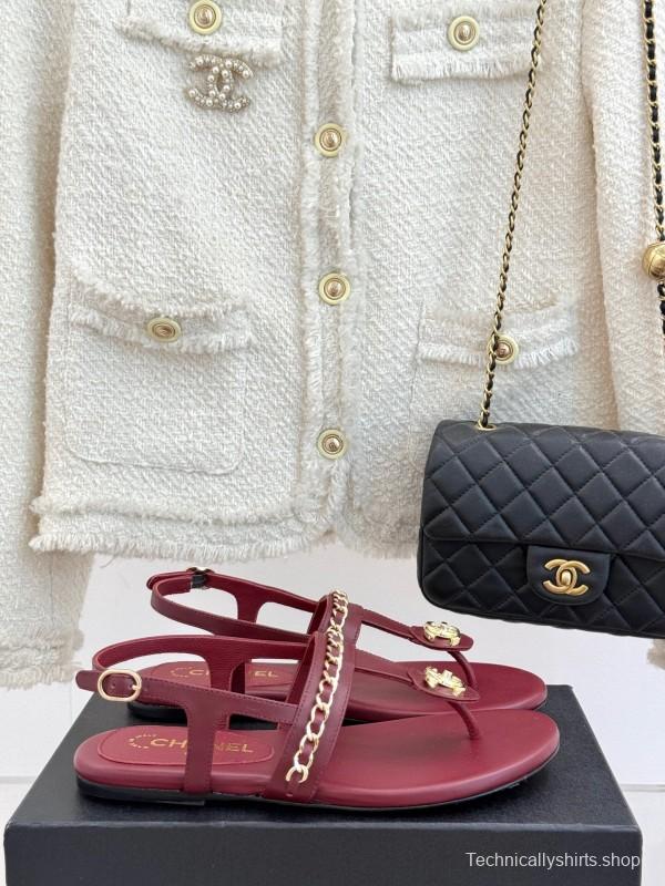 2025 Women Chanel Red Leather Sandals Chain Decoration