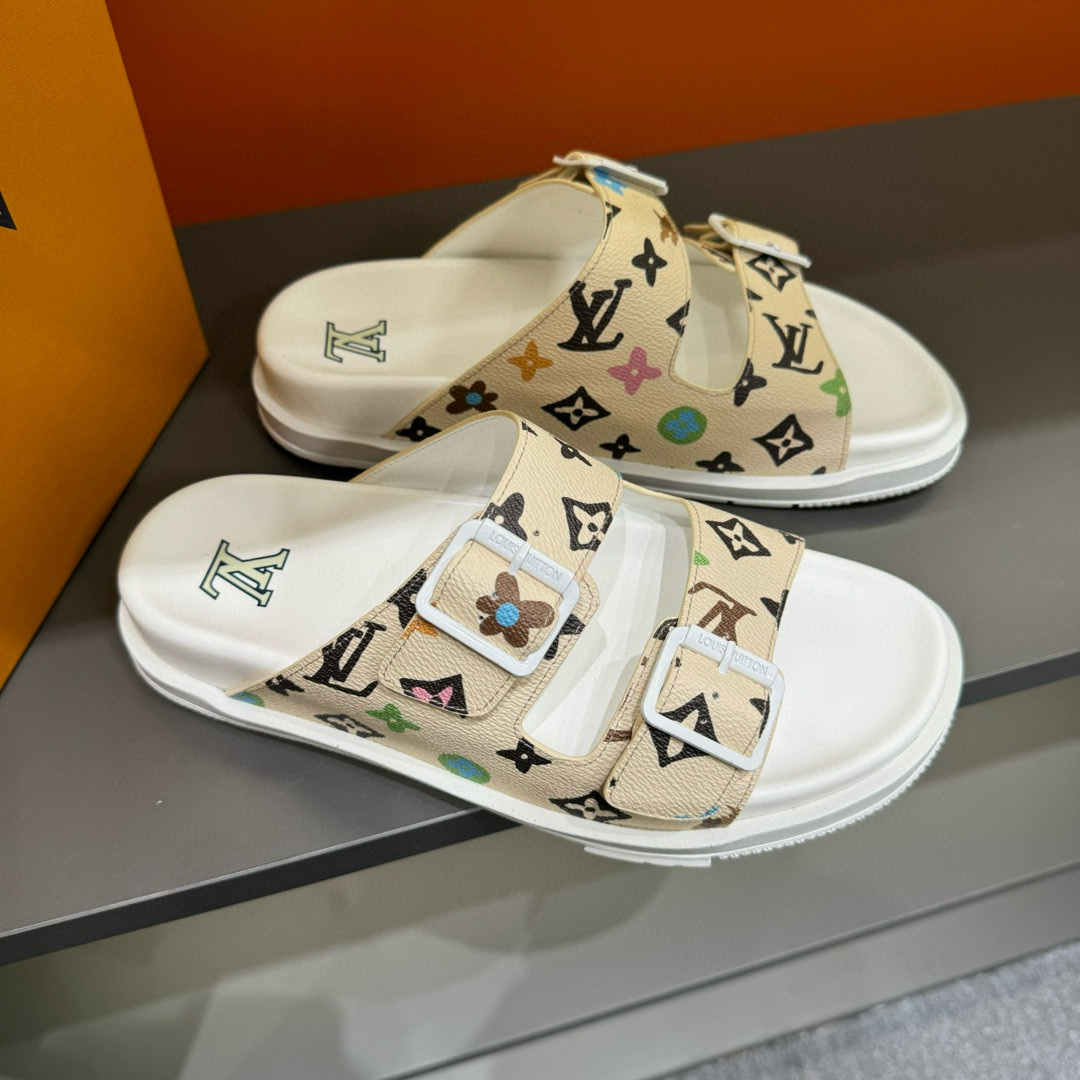 2024 Slippers Louis Vuitton Beige Multicolor Leather Slippers