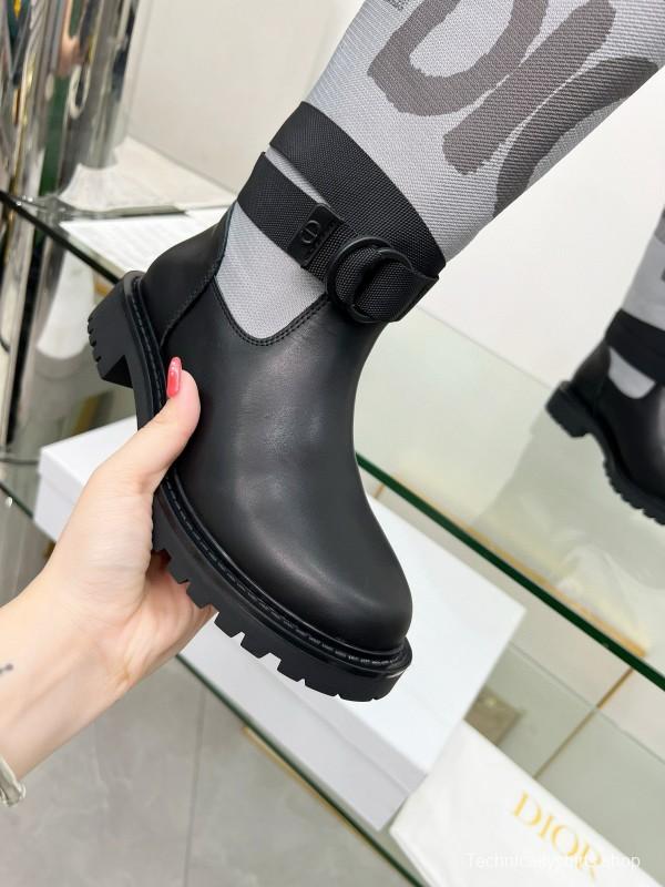 2024 Women Dior Black Grey Leather Fabric Knee High Boots