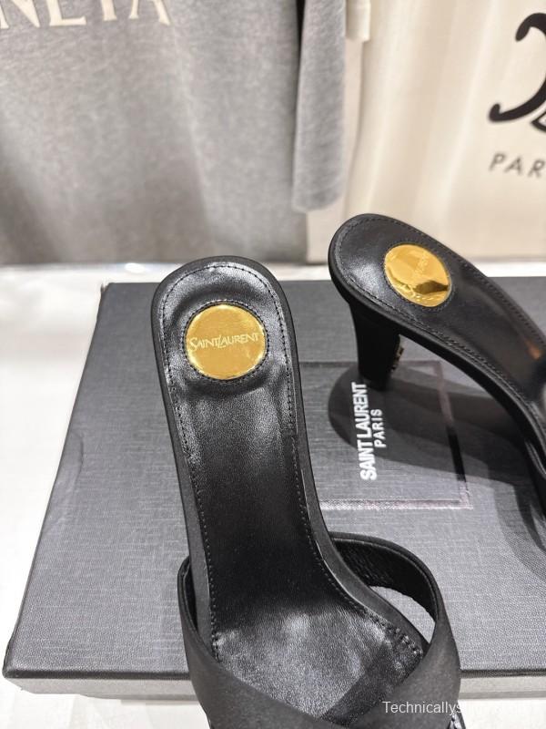 2025 Women Yves Saint Laurent Black Leather High Heel Slide Sandals With Gold Medallion Detail - LY00360(F)