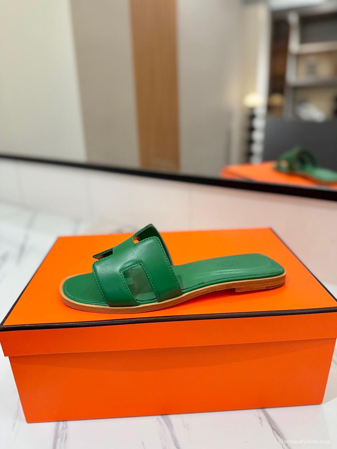 2025 Women Hermès Green Leather Slippers