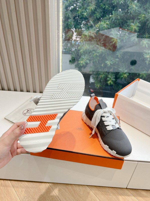 2024 Unisex Hermès Black Orange Calfskin Suede Sneakers MJ00290(M/W)