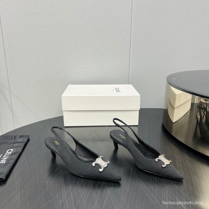 2025 Women Celine Black Fabric Leather Slingback Kitten Heels KFY00290
