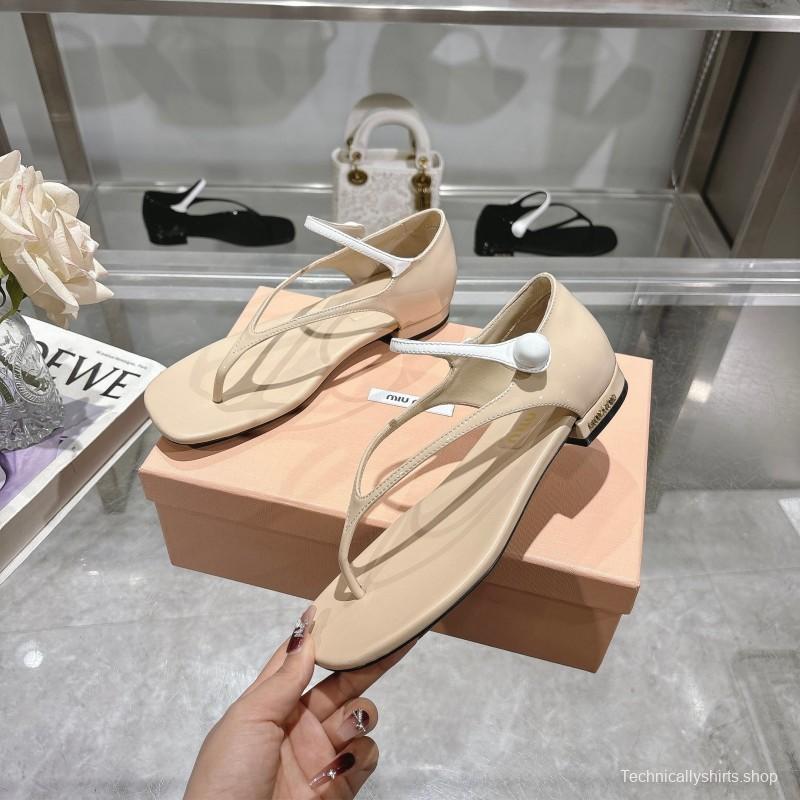 2025 Women MiuMiu Beige Leather T-Strap Sandals With Clear Heel KFY00289(F)