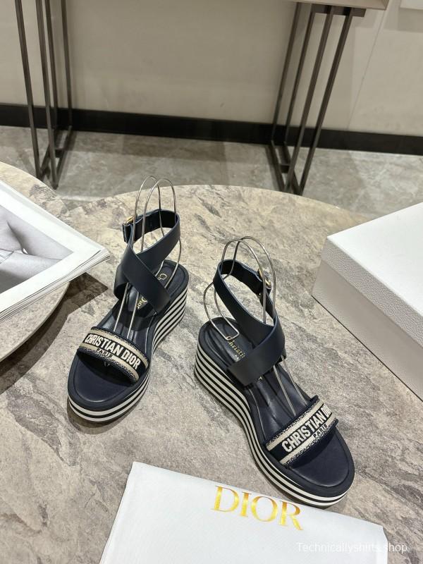 2025 Women Dior Black Leather Sandals Christian Dior Logo KFY00280