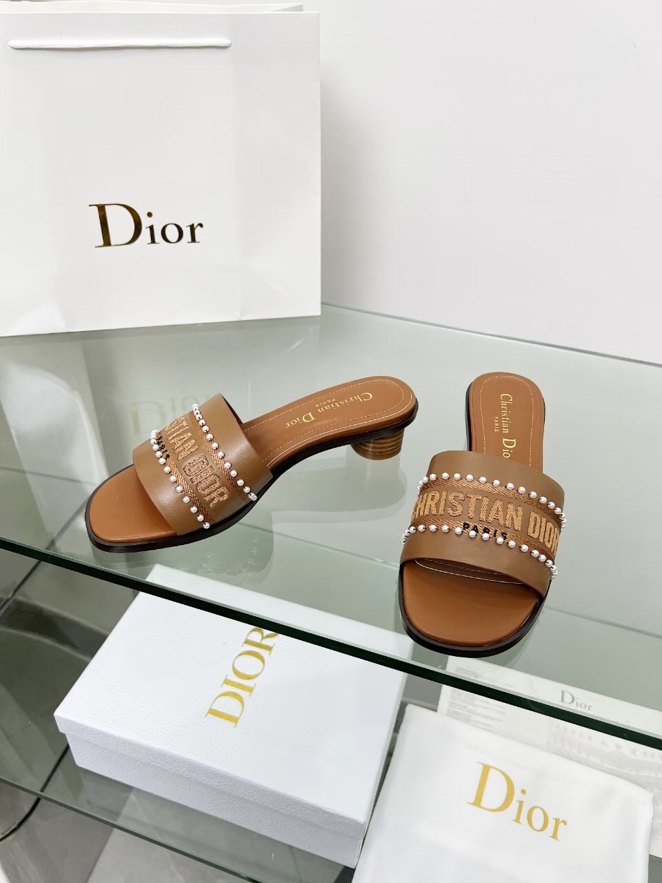 2025 Women Dior Brown Leather Mule Beaded LY00210