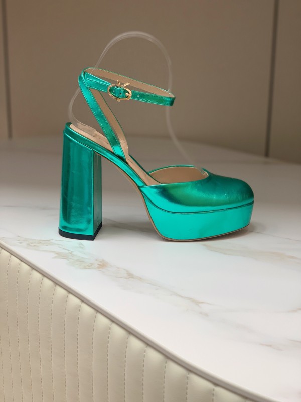 2025 Women Gianvito Rossi Metallic Green Leather Platform Sandals