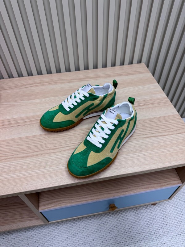 2025 Unisex Hermès Green Beige Suede Down Fabric Sneakers Top Version KFY00300