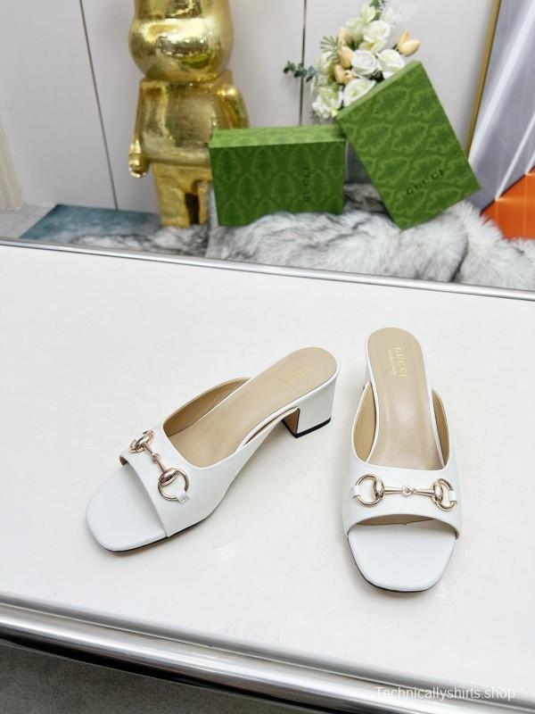 2025 Women Gucci White Leather Heeled Slippers MJ00180