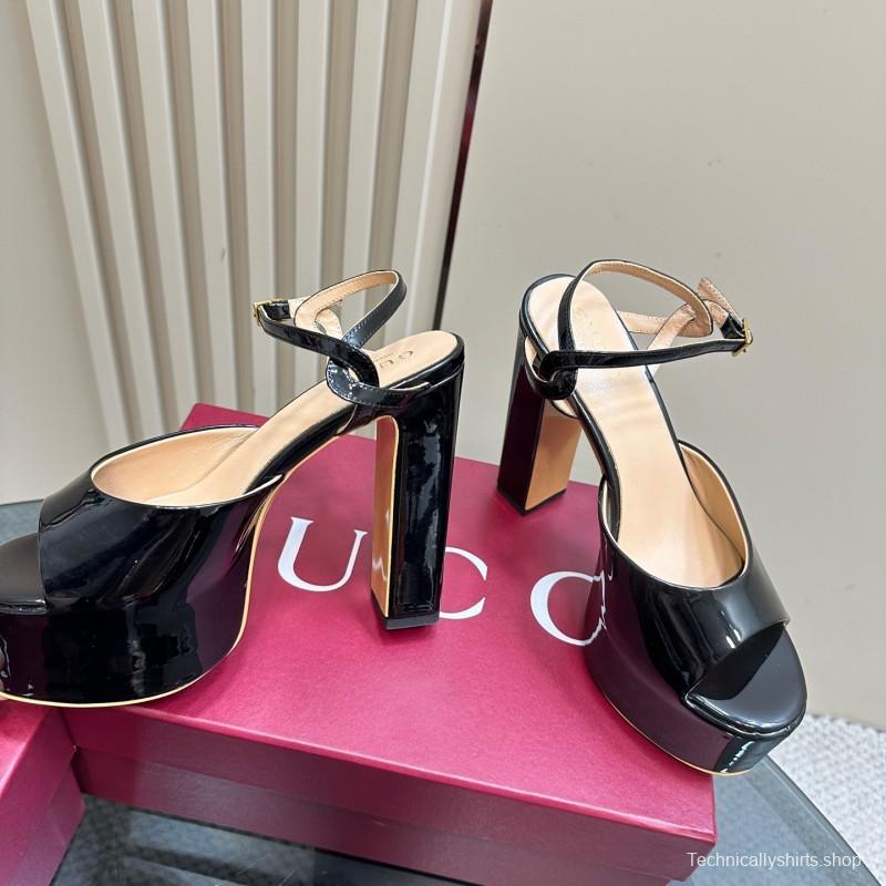 2025 Women Gucci Black Patent Leather Platform Sandals