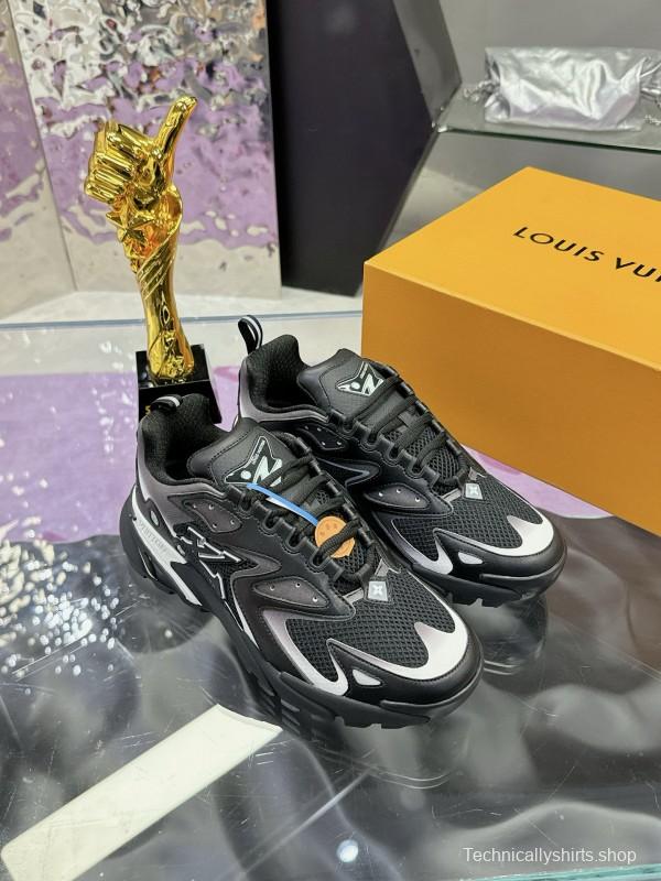 2025 Men Louis Vuitton Black Grey Mesh Leather Sneakers MJ00420