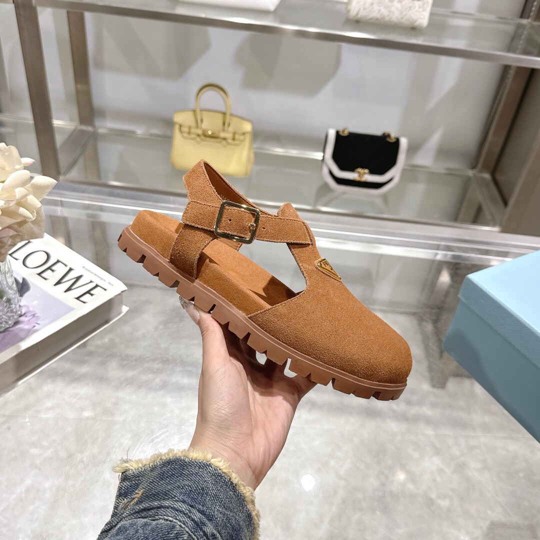 2025 Women Prada Brown Suede Sandals LY00270