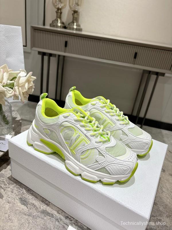 2025 Women Dior White Neon Yellow Mesh Leather Sneakers KFY00370