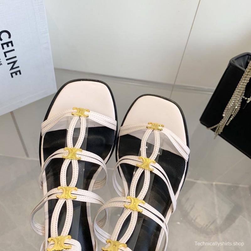 2025 Women CELINE White Leather Sandals Metal Detail KFY00300