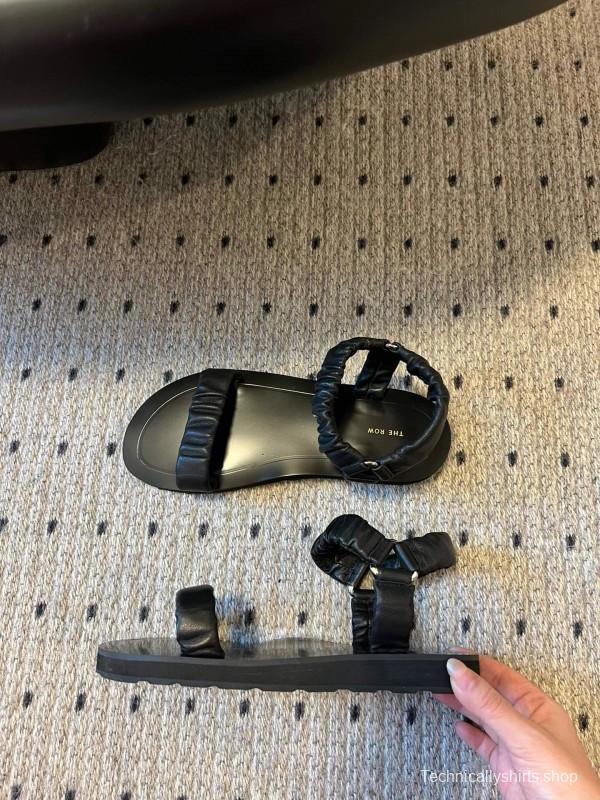 2025 Women The Row Black Leather Flat Sandals KFY00270