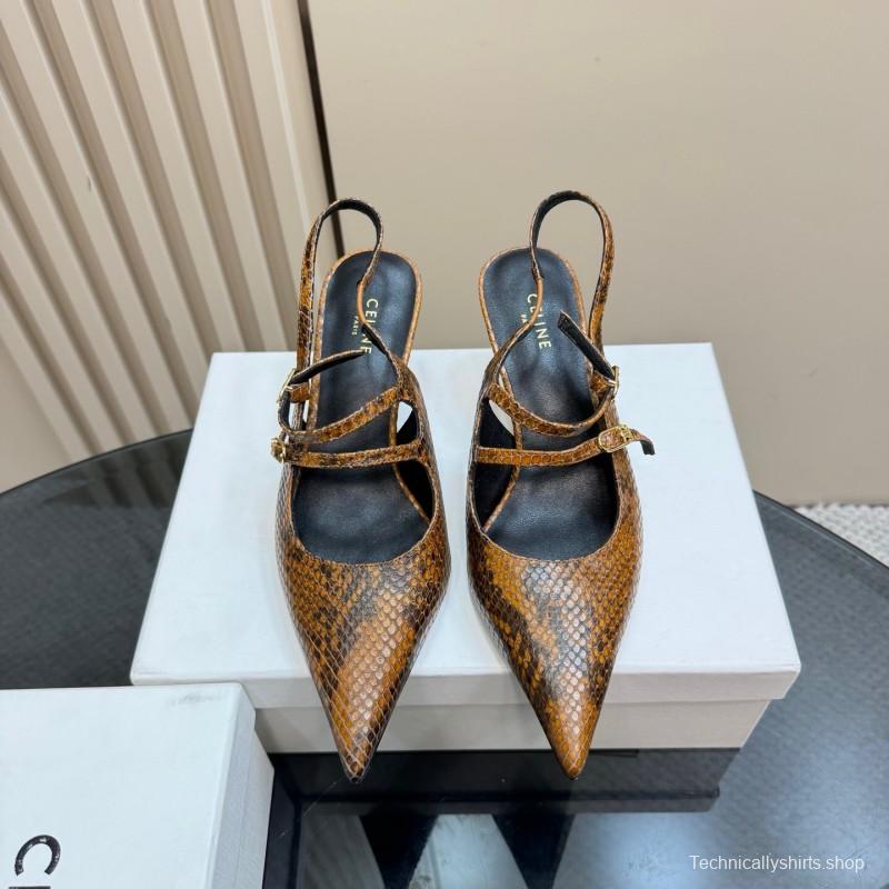 2025 Women Celine Brown Snake Leather Pointed Toe Slingback Heels