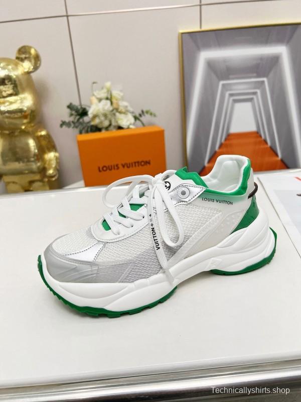 2025 Unisex Louis Vuitton White Green Leather Mesh Rubber Sneakers LY00340