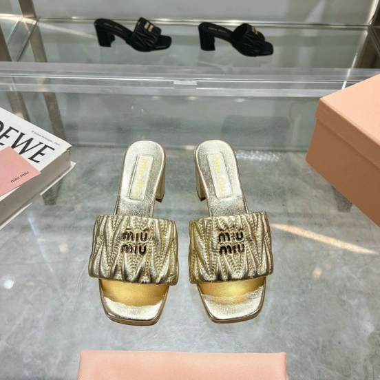 2025 Women Miumiu Gold Leather Sandals
