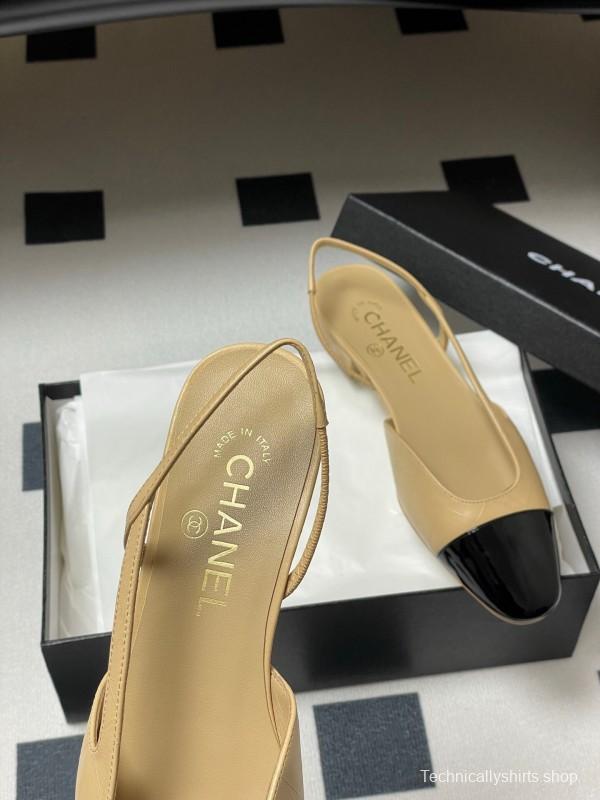 2025 Women Chanel Beige Black Leather Sling-back Flat Heel