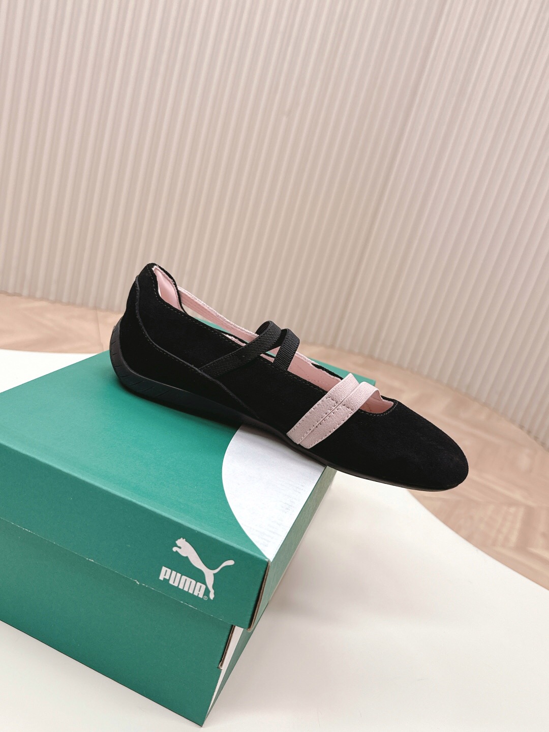 2025 Women PUMA Pink Black Suede Leather Ballet Flats LY