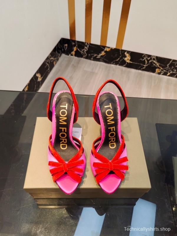 2025 Women TOM FORD Pink Red Velvet Silk High Heel Open Back Sandals