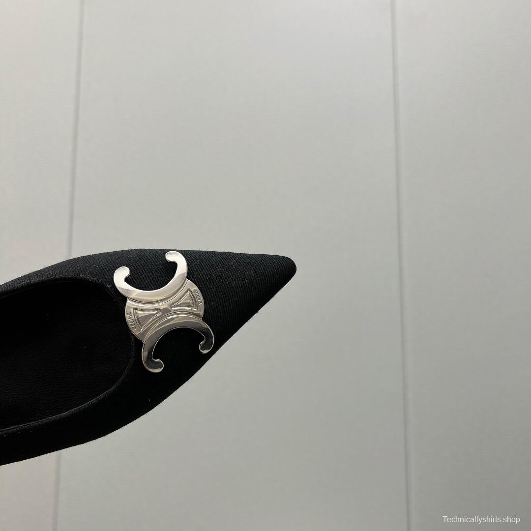 2025 Women Celine Black Fabric Leather Slingback Kitten Heels KFY00290