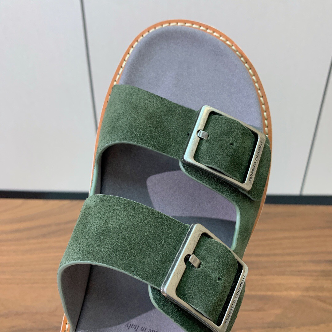 2025 Unisex Brunello Cucinelli Green Suede Leather Slippers KFY00250