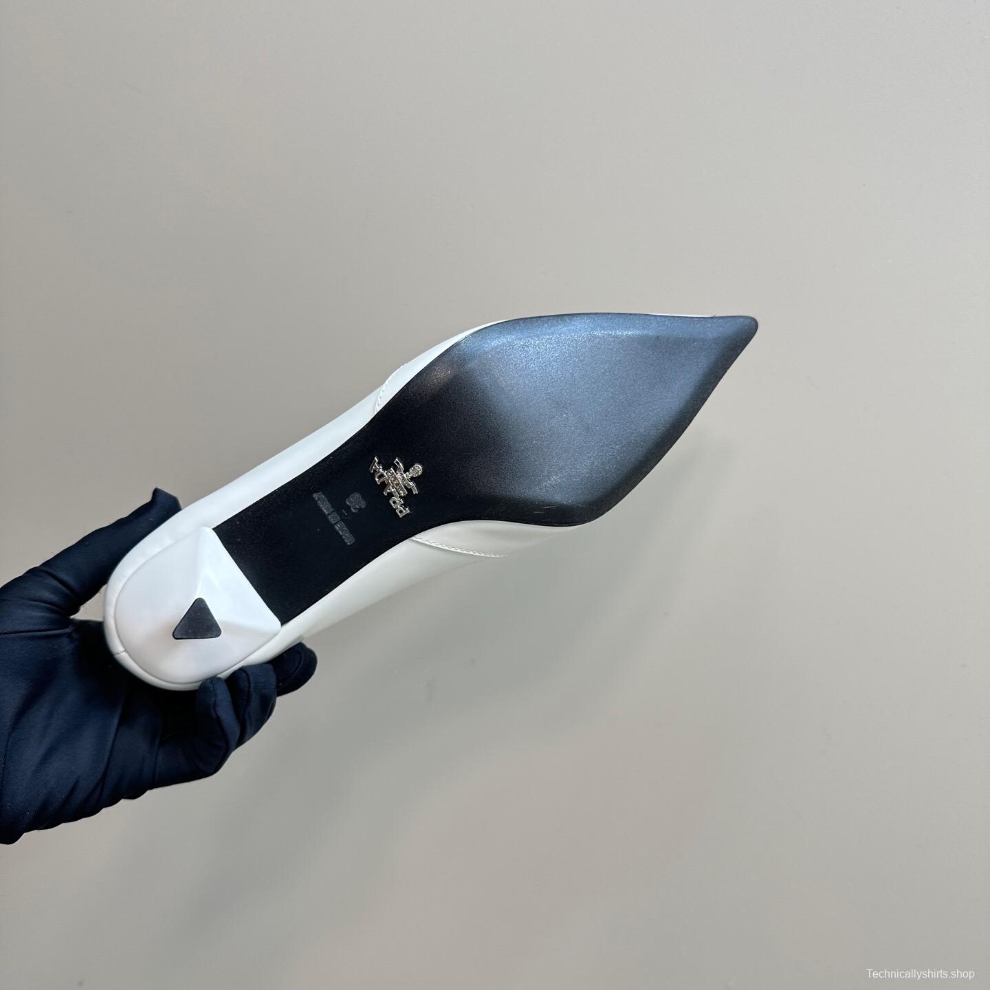 2025 Women Prada White Leather Pointed Toe Kitten Heel Pumps KFY00310