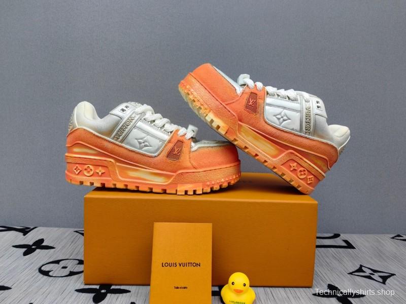 2025 Unisex Louis Vuitton Orange White Denim Leather Plimsolls Complex Wash KFY00510