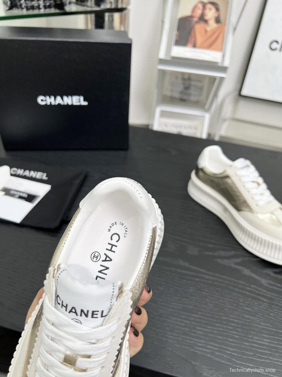 2025 Women Chanel White Gold Leather Suede Sneakers LY00270