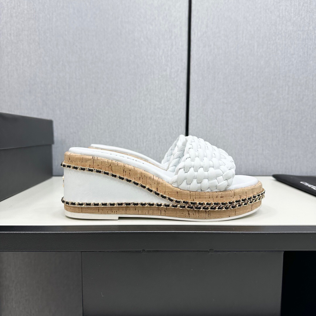 2025 Women Chanel White Leather Wedge Sandals