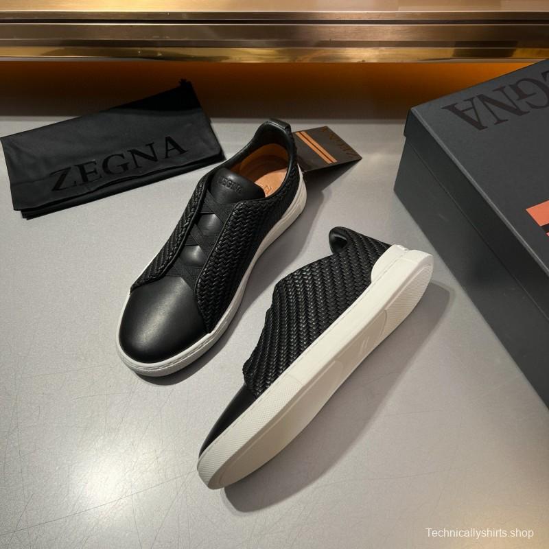 2024 Men Ermenegildo Zegna Black Smooth Calfskin Pelletessuta Sneakers Elastic Detail MJ00280