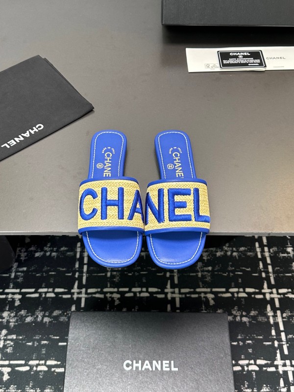 2025 Women CHANEL Blue Beige Canvas Slippers