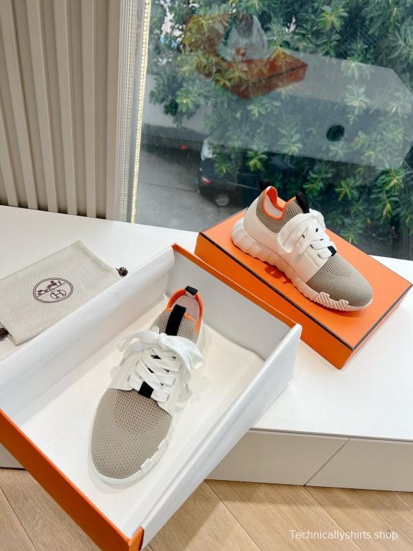 2024 Unisex Hermès Beige Orange Calfskin Suede Sneakers MJ00290(F/W)